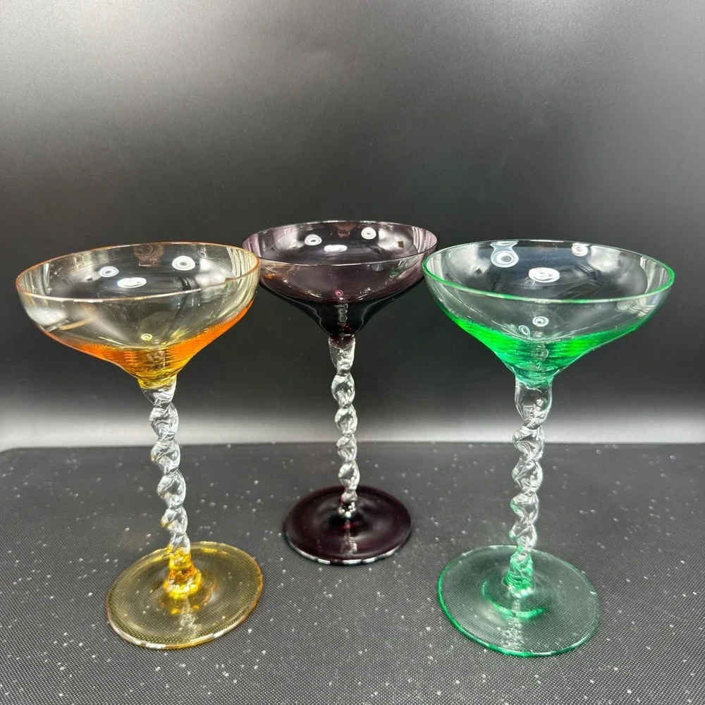 Pier 1 Martini Glasses Set of 3 Twisted Stem Amber Plum Green Barware Glasses